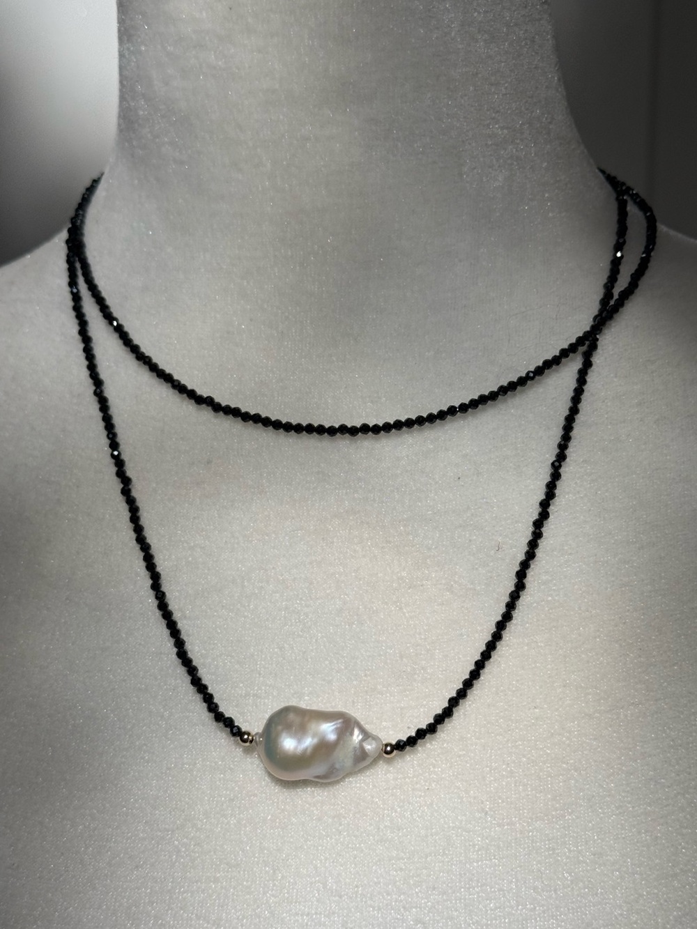 14K Gold Black Spinel Double Strand Baroque Pearl Necklace NWT